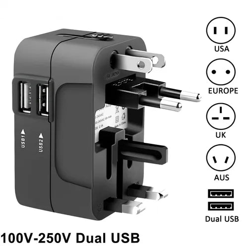Universal Travel Plug Adapter with 2 USB Ports - World Travel AC Power Charger for AU, US, UK, and EU - Compact and Convenient USB Charger