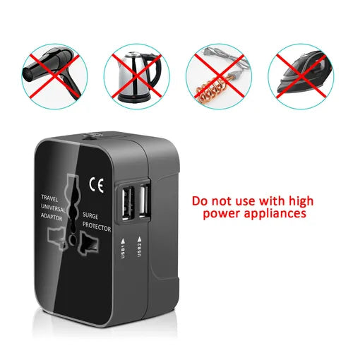 Universal Travel Plug Adapter with 2 USB Ports - World Travel AC Power Charger for AU, US, UK, and EU - Compact and Convenient USB Charger