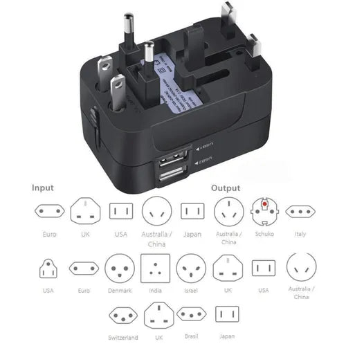 Universal Travel Plug Adapter with 2 USB Ports - World Travel AC Power Charger for AU, US, UK, and EU - Compact and Convenient USB Charger